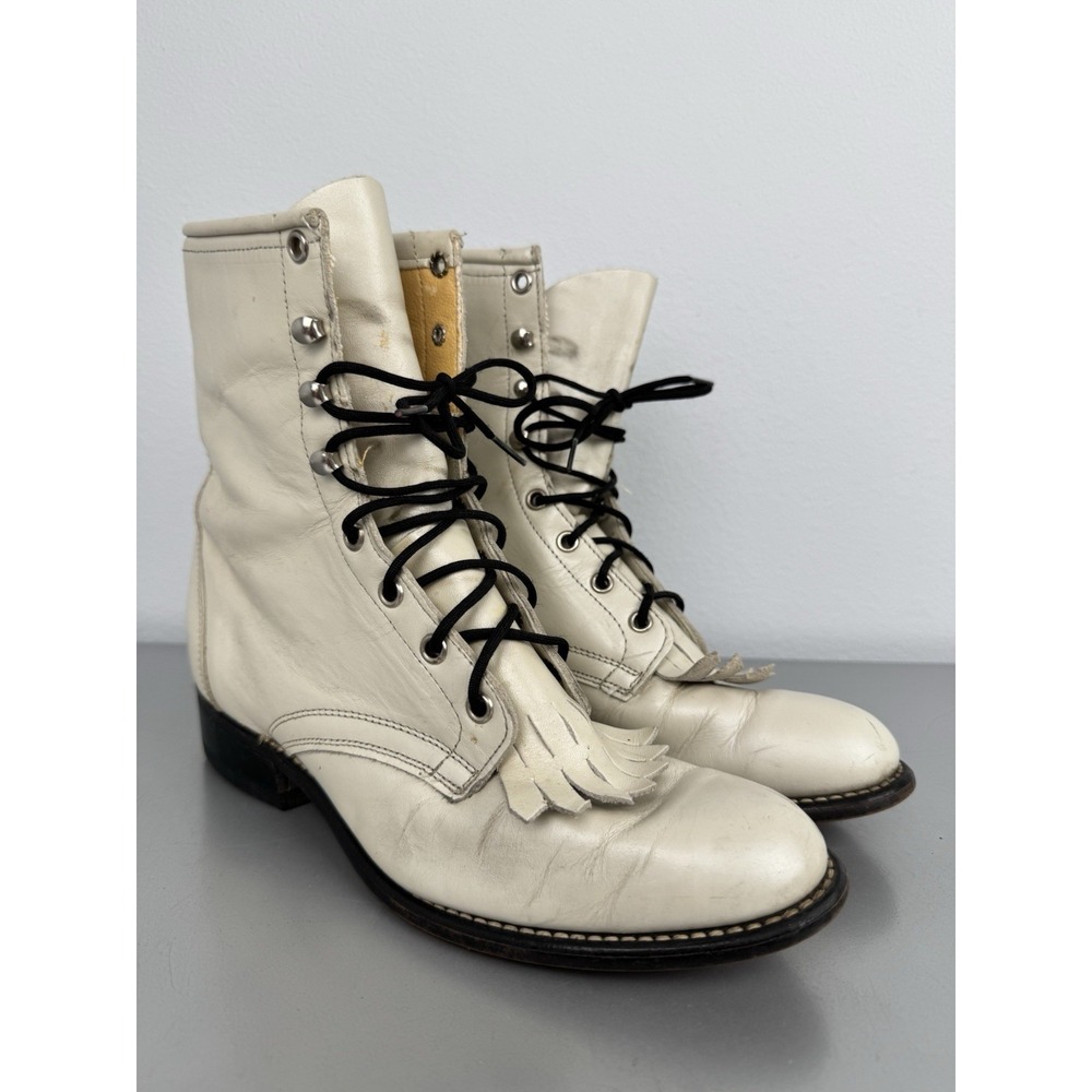 Vintage Laredo Kiltie Roper Boots Womens 8.5 M White Cream Leather Western Ivory